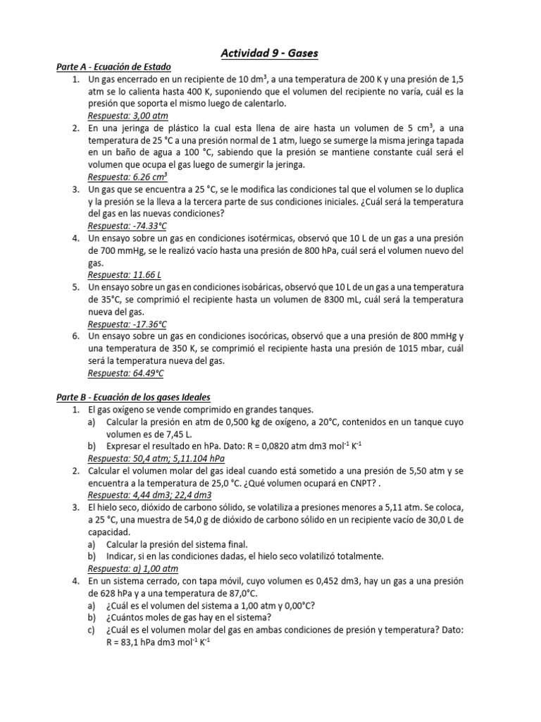 Problemas de Gases y Ecuaciones de Estado | PDF | Gases | Materiales ...