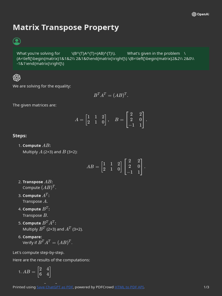 Matrix Transpose Property | PDF | Matrix (Mathematics) | Multiplication