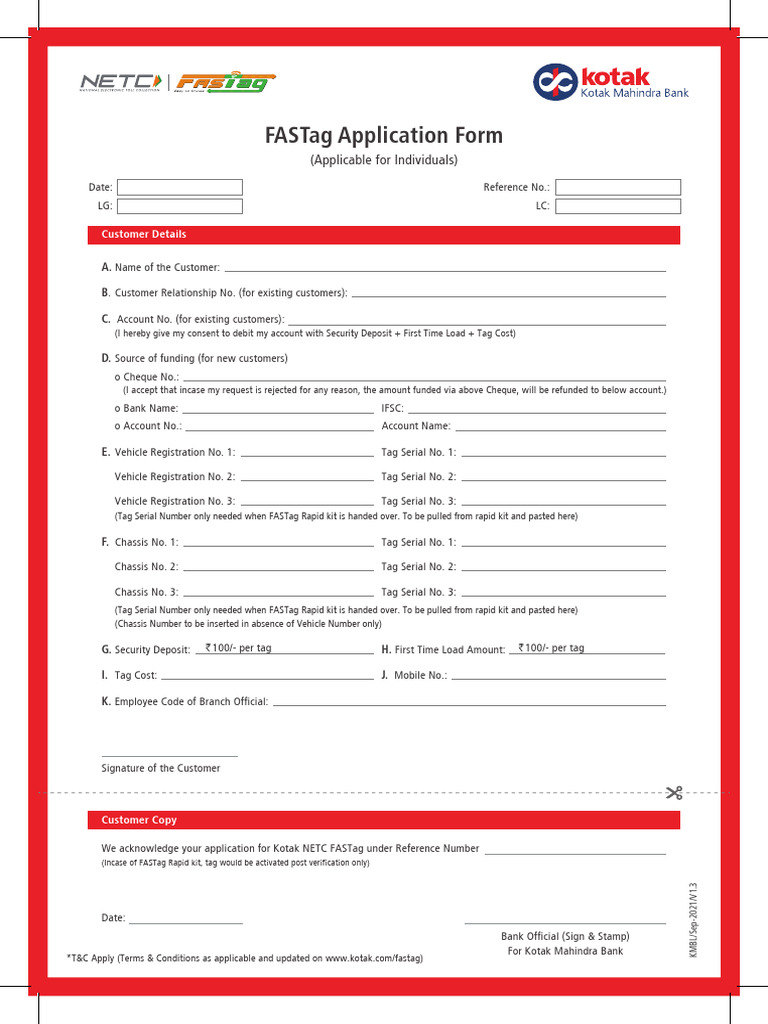 Kotak FASTag Application Form PDF Banks Point Of Sale