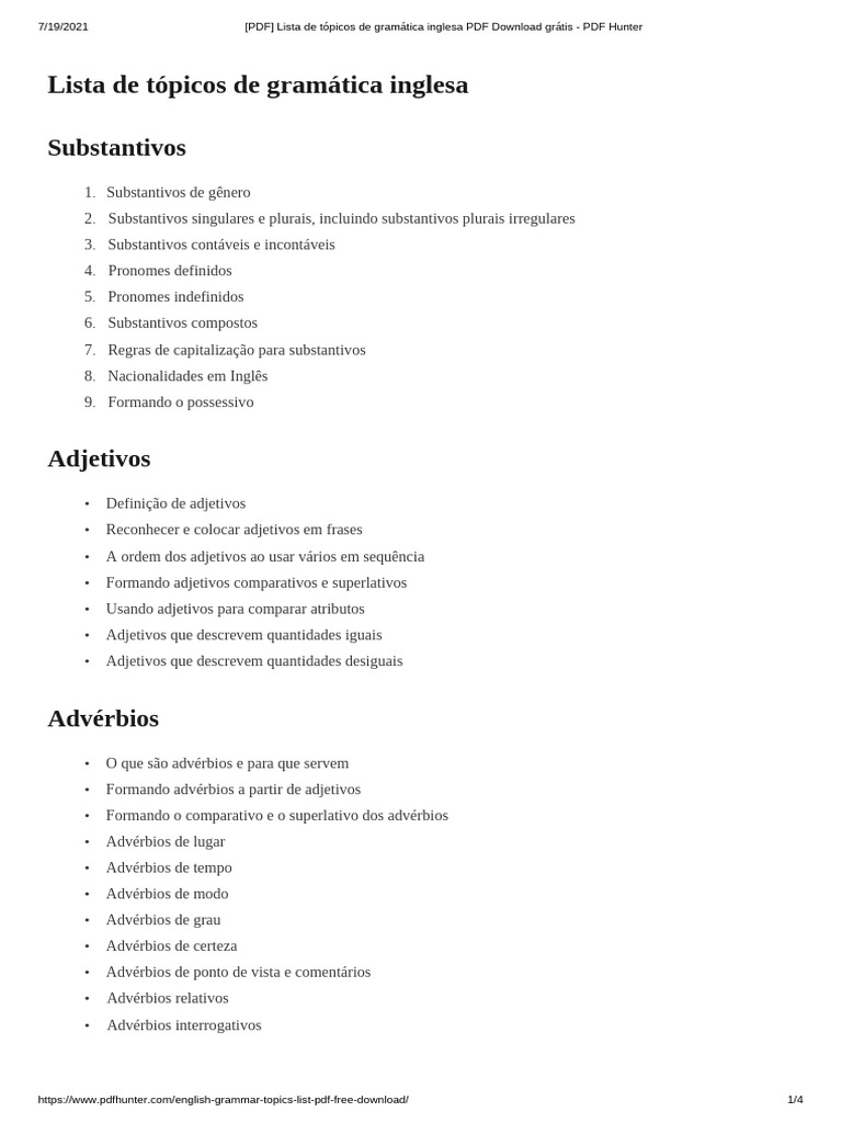 Tópicos de Gramática Inglesa PDF Grátis | PDF | Pronome | Adjetivo