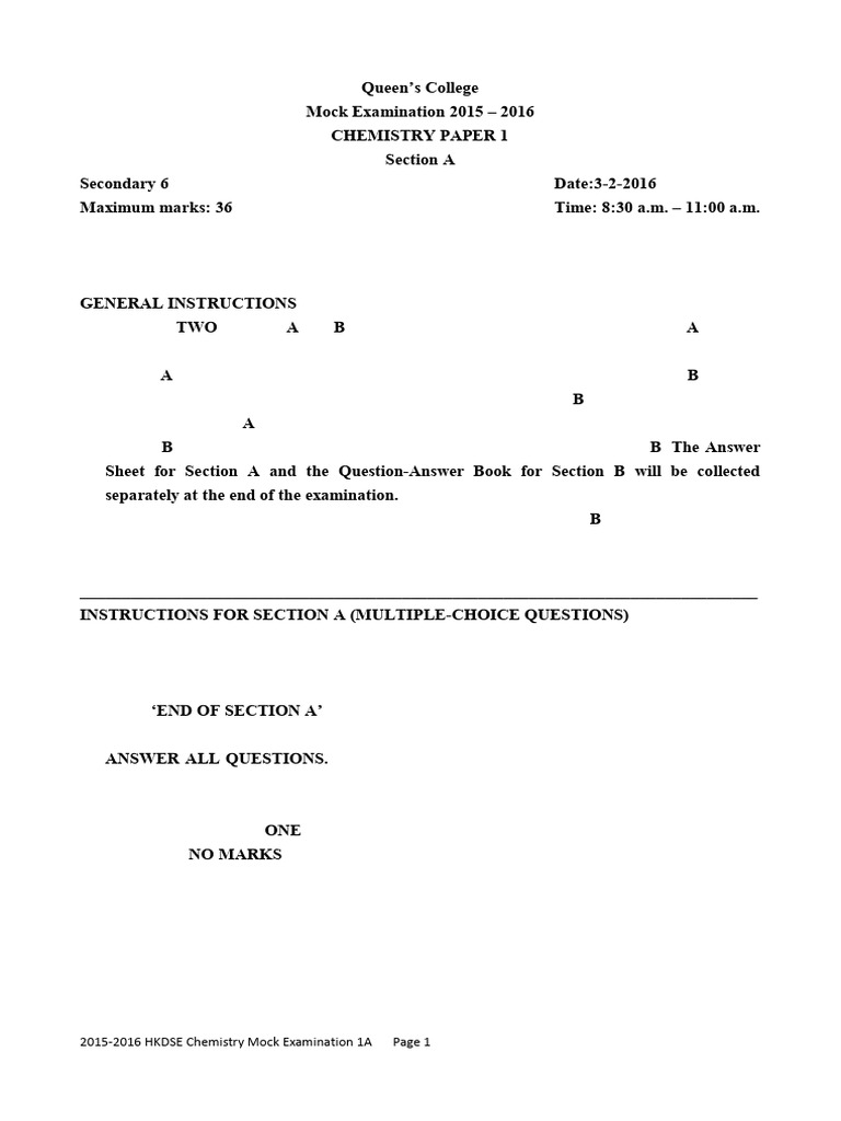 1516 S6 MOCK CHEM Paper 1A Questions and Marking | PDF | Hydroxide ...