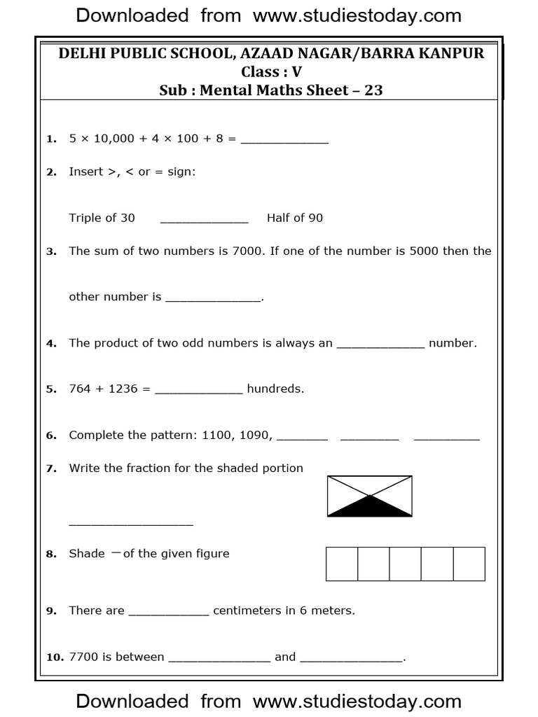 Class 5 Mental Maths Worksheets | PDF