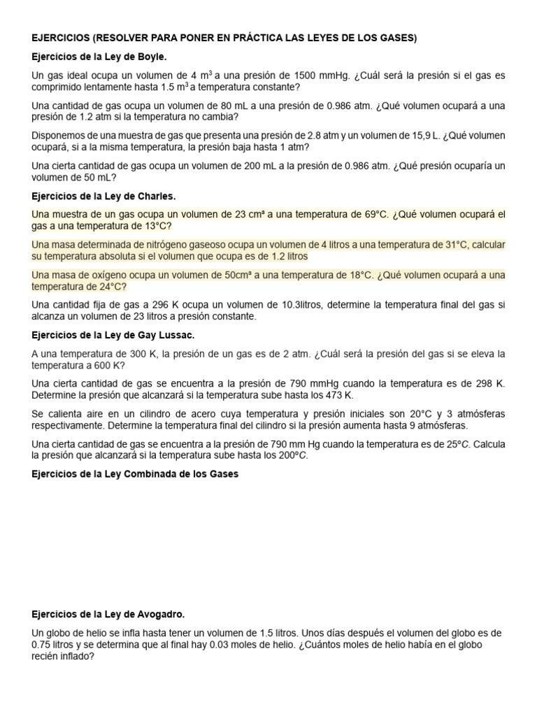 Ejercicios Prácticos Leyes de Gases | PDF | Gases | Temperatura