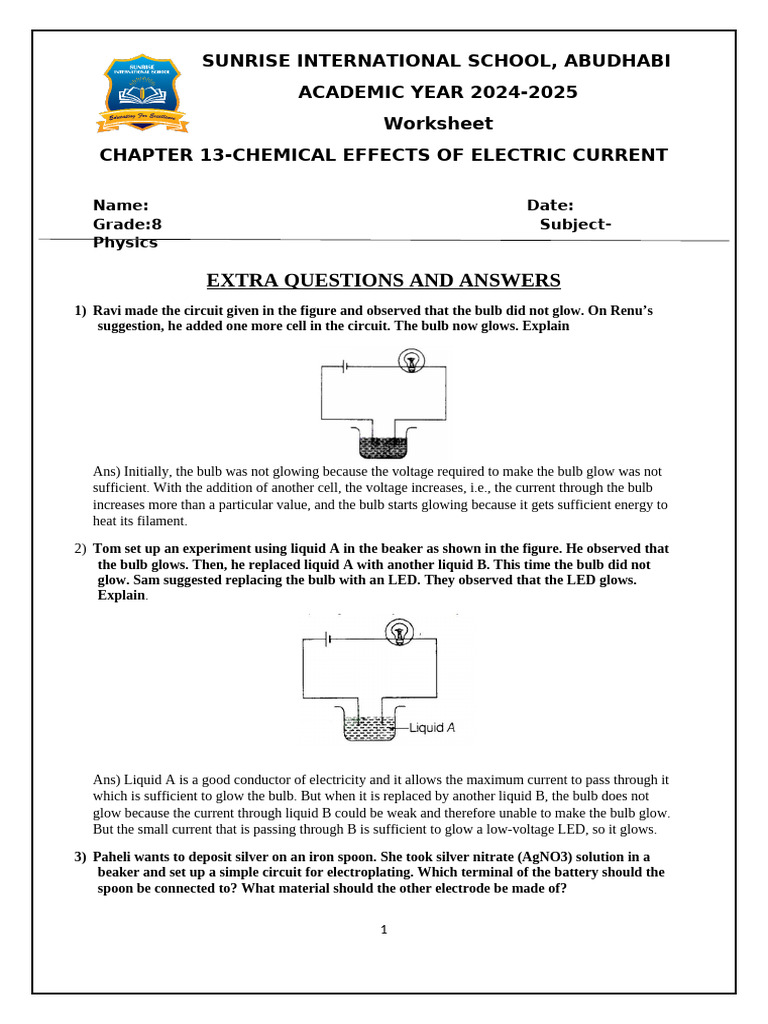 Chemical Effects of Electric Current Worksheet | PDF | Anode | Electrolyte