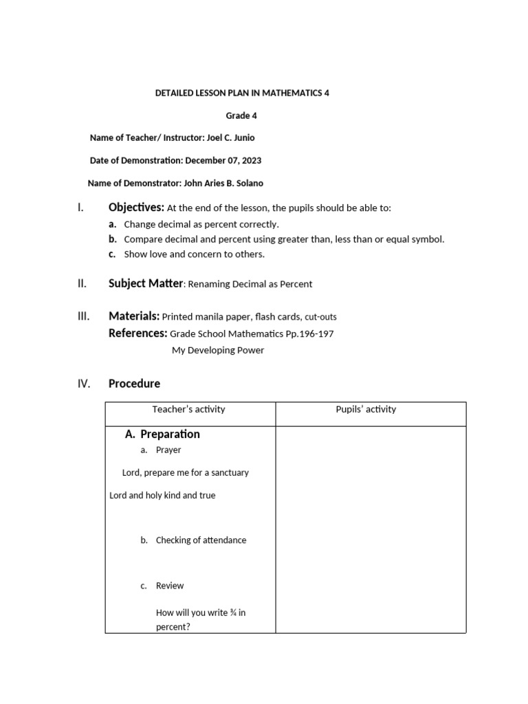 Detailed Lesson Plan in Mathematics V | PDF | Mathematics