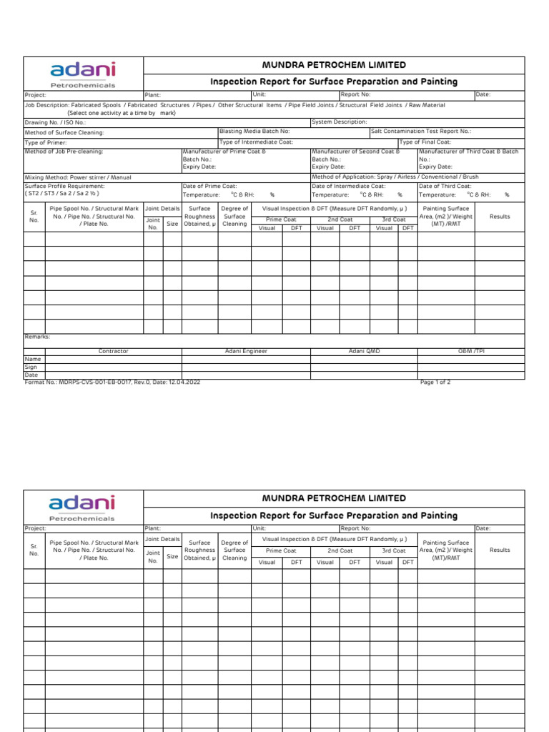 Image showcasing MDRPS-CVS-001-EB-0017-Inspection Report for Surface Preparation and ...