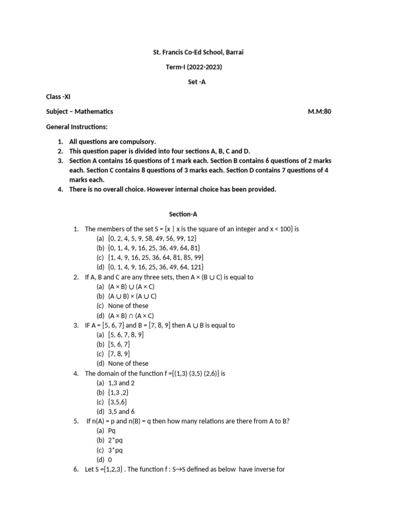 11 MATHS SET A and B | PDF | Infinity | Numbers