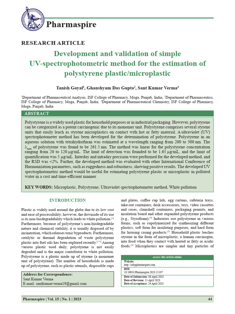 UV Method for Polystyrene Detection | PDF | Polystyrene ...