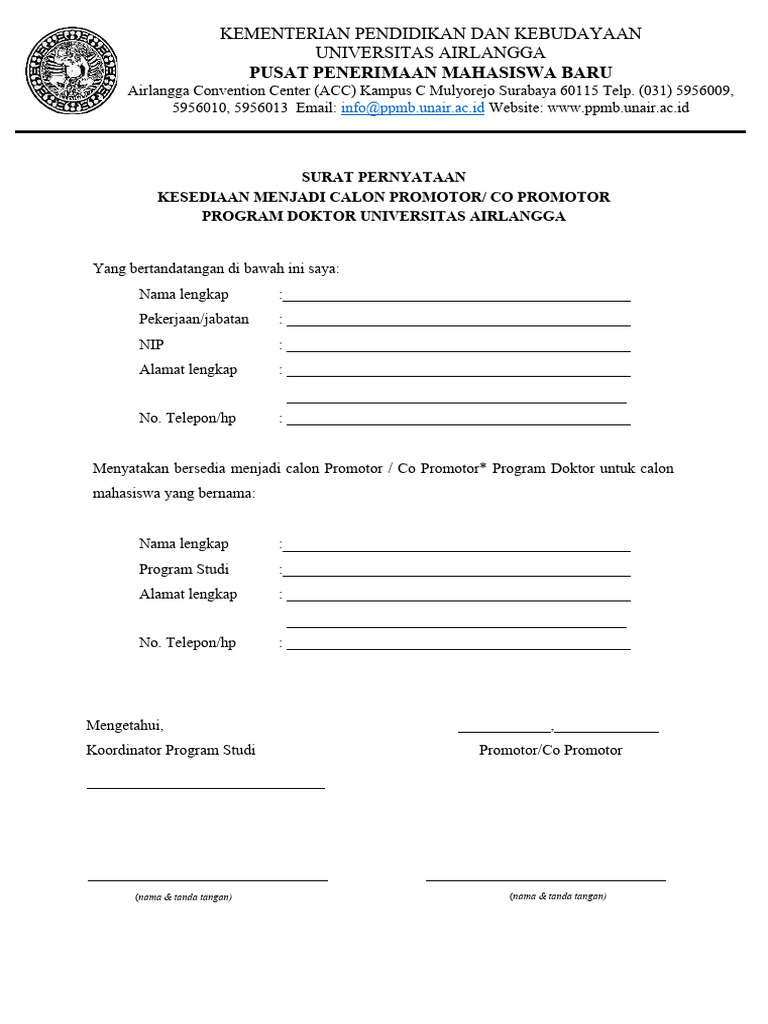 Surat Kesediaan Promotor Doktor Unair | PDF