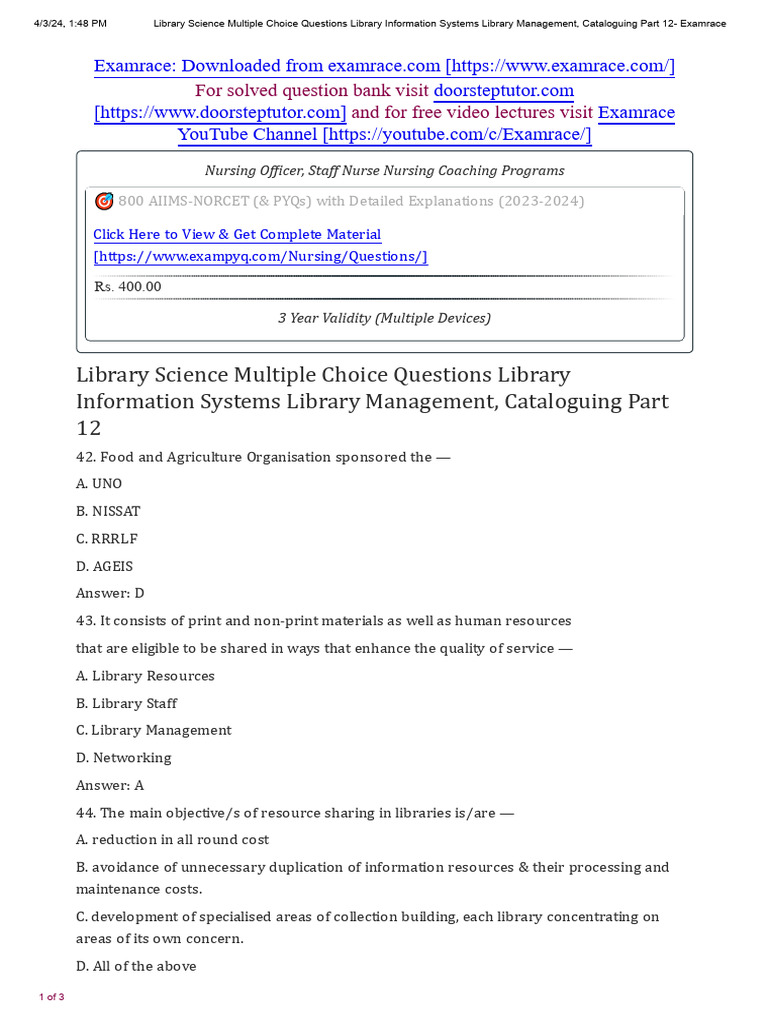 Library Science MCQs Part 12 | PDF | Libraries | Information Science
