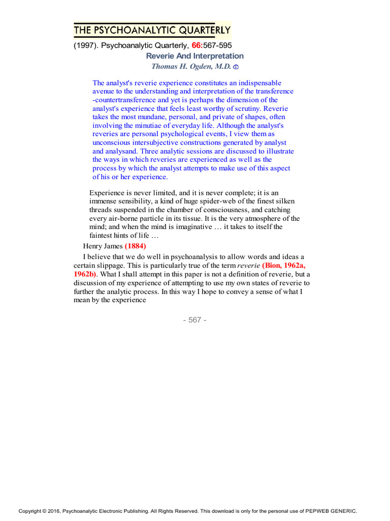 Reverie and Interpretation T.H Ogden | PDF | Psychoanalysis | Experience