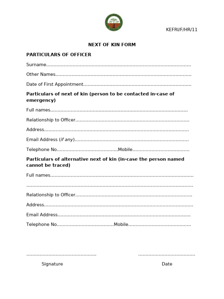 Next of Kin Form Template | PDF