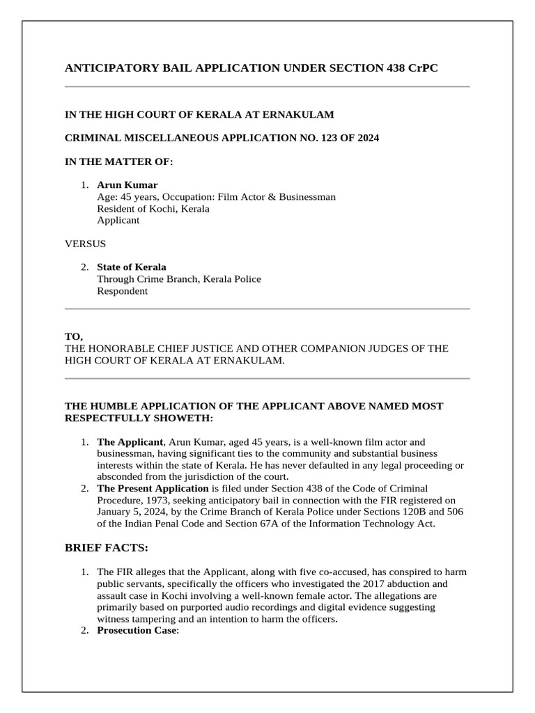 Anticipatory Bail Application Under Section 438 CRPC | PDF | Bail ...