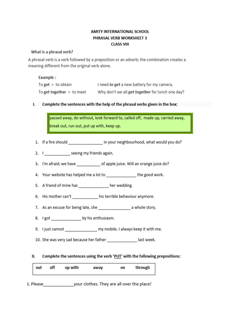 Class VIII Phrasal Verbs Worksheet 3 | PDF | Language Mechanics ...