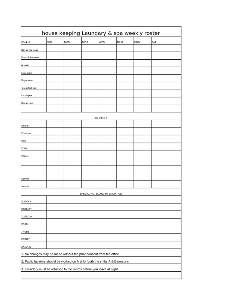 Weekly Housekeeping Roster | PDF