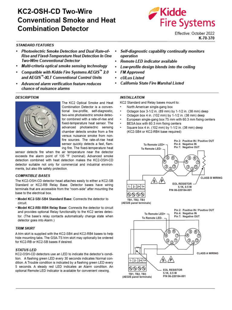 Kidde KC2-OSH-CD Two-Wire Conventional Optical Smoke and Heat ...
