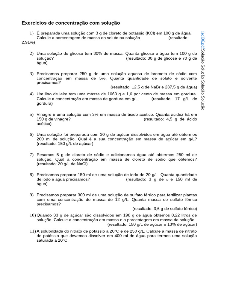 Exercícios de Concentração de Soluções | PDF | Concentração ...