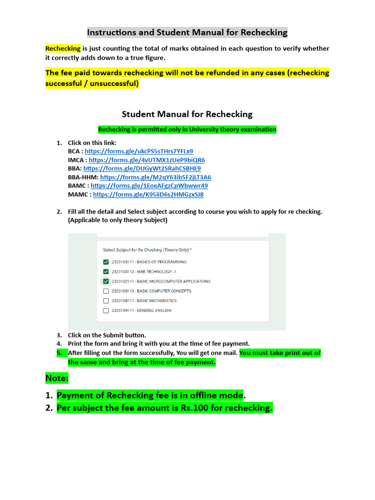 Student Manual for Exam Rechecking | PDF