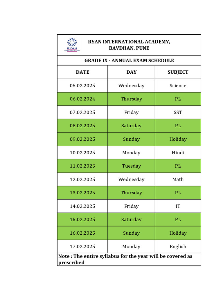 Grade IX Annual Exam Schedule 2025 | PDF