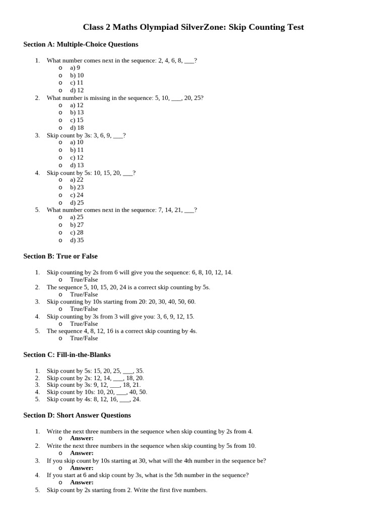 Skip Counting Test | PDF