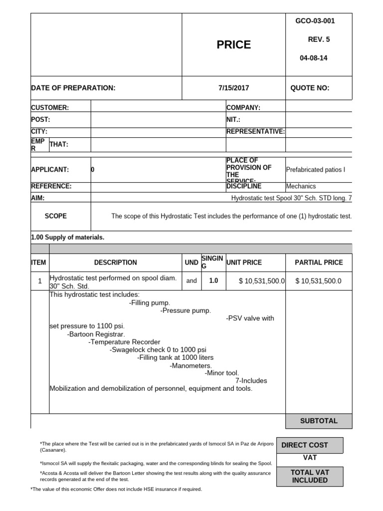 Hydrostatic Test Quotation for Spool | PDF | Energy Technology | Gas ...