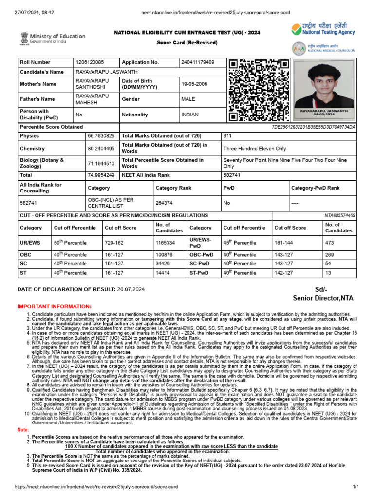 Final Score Card After Revised Neet Marks | PDF | Student Assessment ...