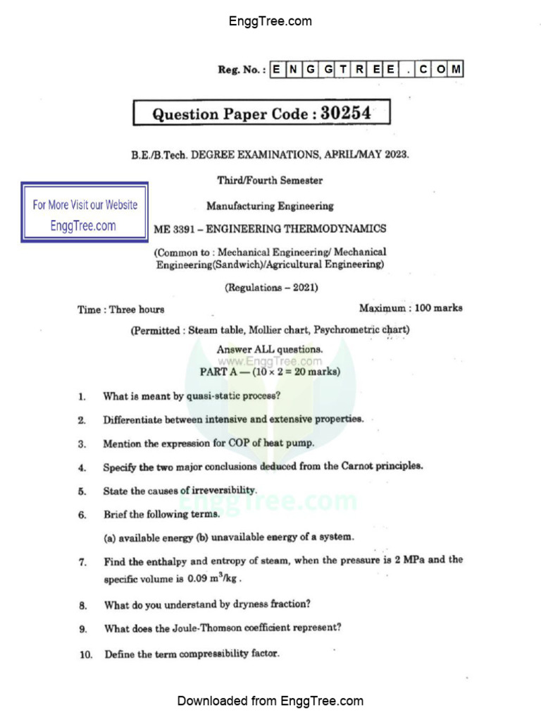 ME3391 Engineering Thermodynamics Apr May 2023 Question Paper Download ...