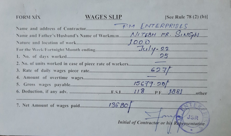 Wage Slip Template for Contractors | PDF
