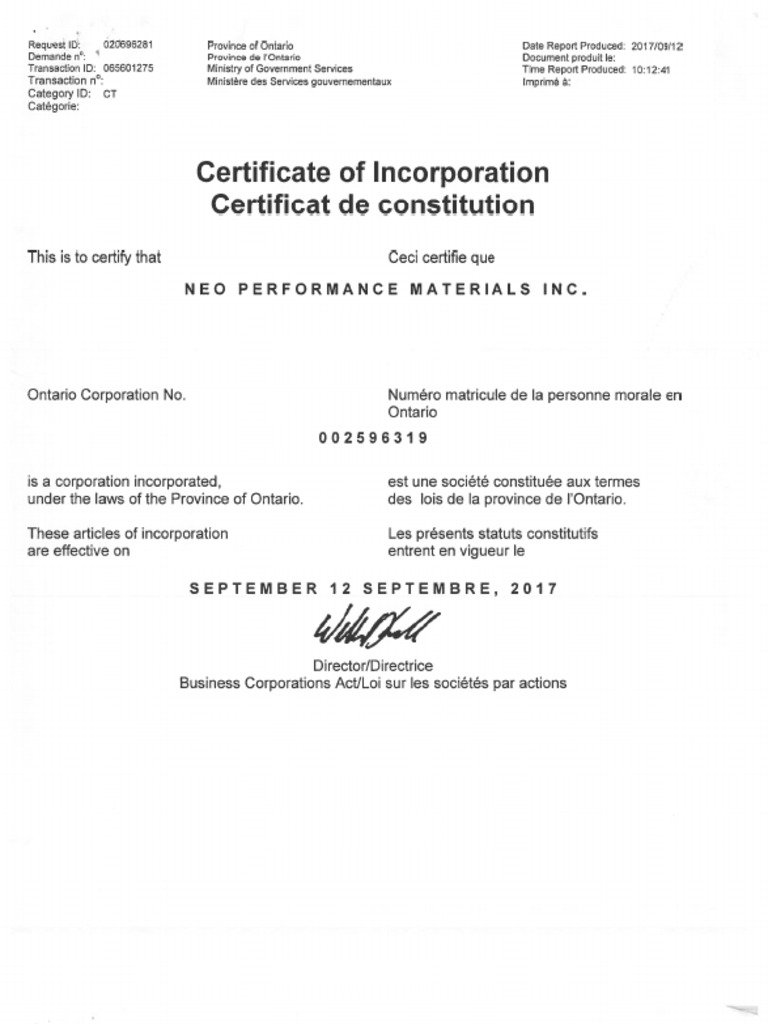 Ontario Corporation Incorporation Certificate | PDF | Liquidation ...