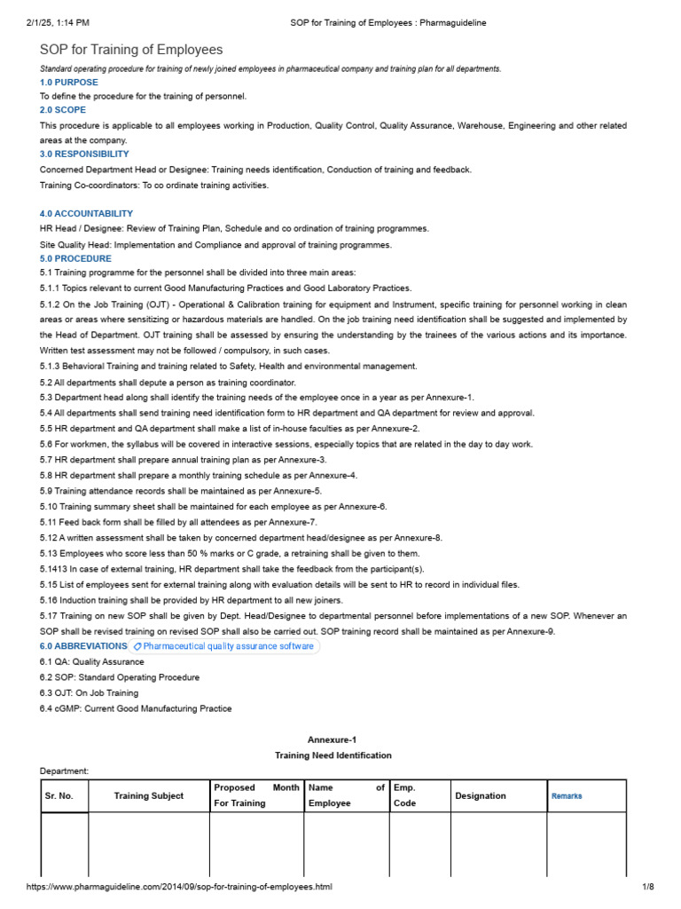 SOP for Employee Training in Pharma | PDF | Quality Assurance