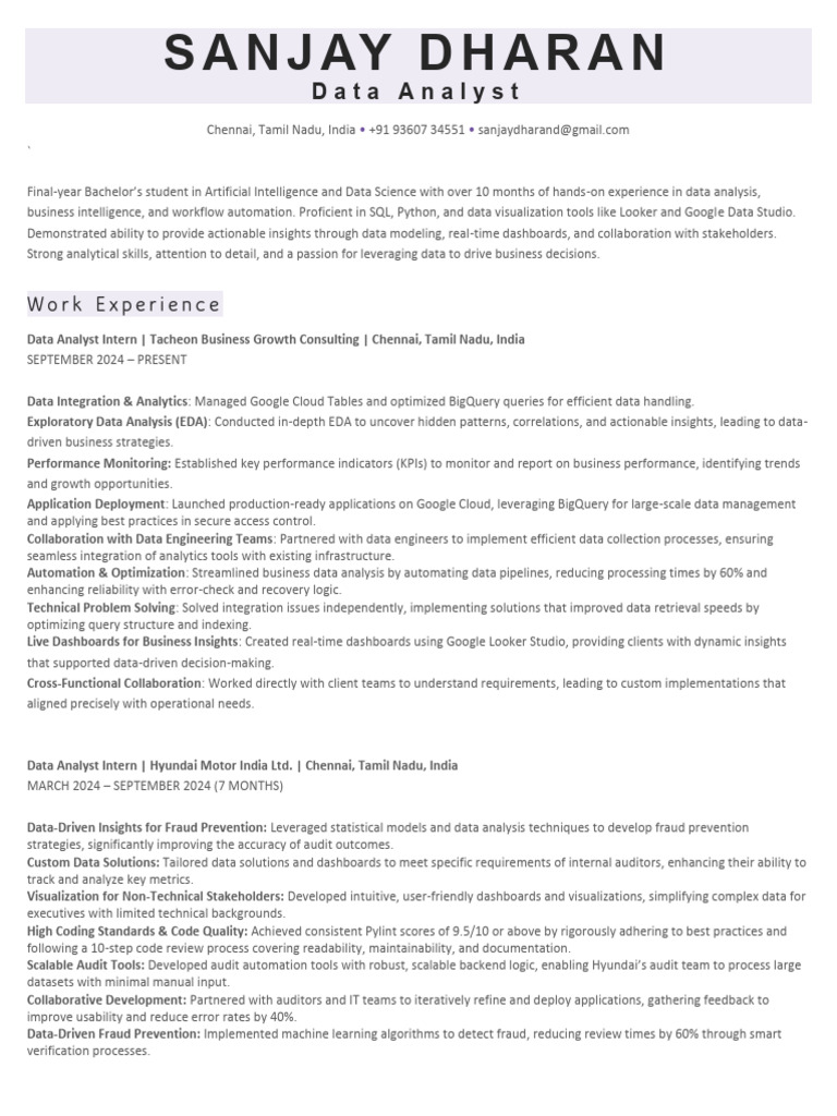 Data Analyst Resume - Sanjay Dharan | PDF | Data Analysis | Cloud Computing
