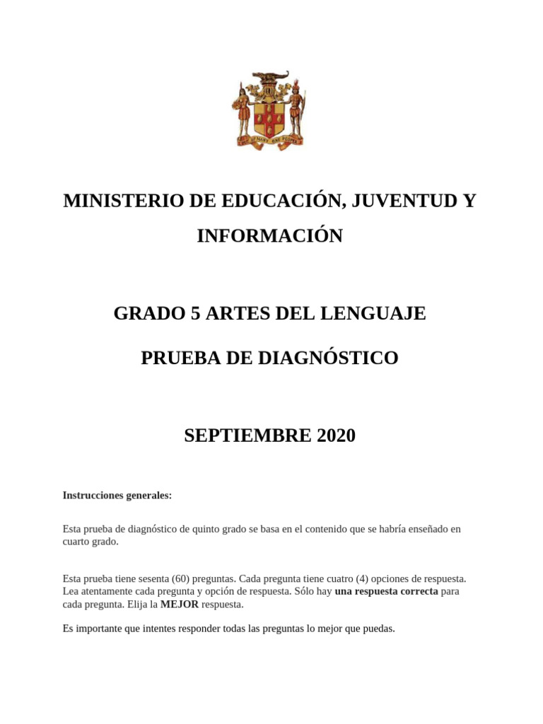 Prueba Diagnóstica de Artes Del Lenguaje de Quinto Grado Forma 2020 ...