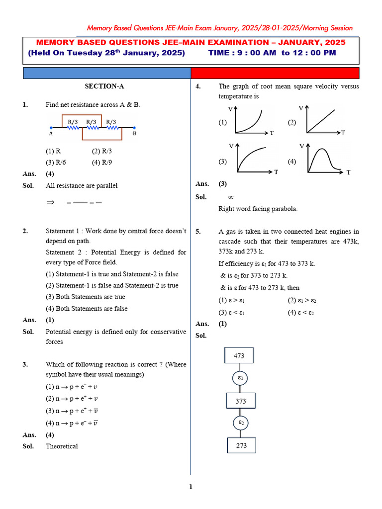 2801-Jee-Memory Based Paper+With+Solution Morning | PDF | Physical ...