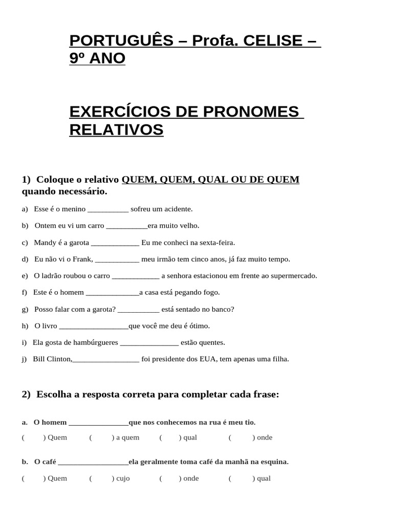Exercícios de Pronomes Relativos - 9º Ano | PDF