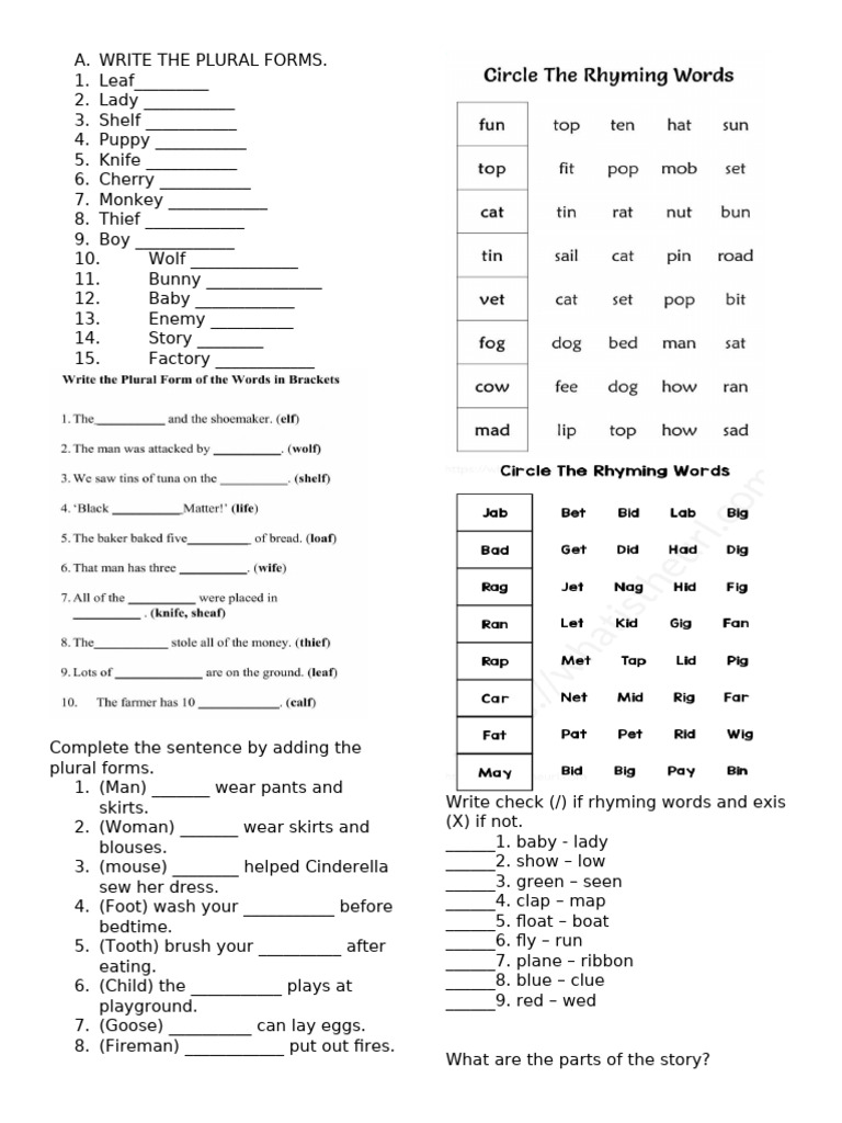 Grade 1 English Plural and Story Parts Worksheet | PDF