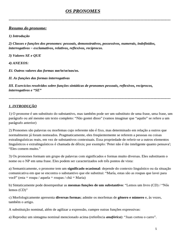 Classes e Funções dos Pronomes | PDF | Pronome | Assunto (gramática)