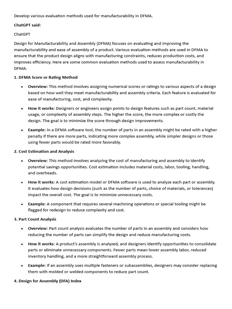 Develop Various Evaluation Methods Used For Manufacturability in DFMA ...