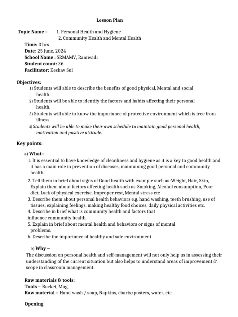 Personal Health & Hygiene Lesson Plan | PDF | Hygiene | Mental Health