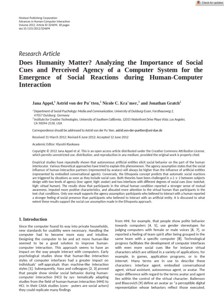 Advances in Human-Computer Interaction - 2012 - Appel - Does Humanity ...