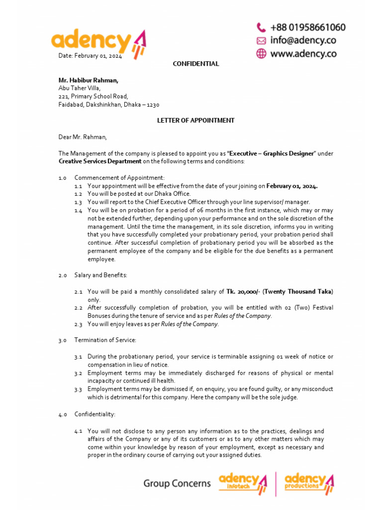 Letter of Appointment | PDF | Employment | Confidentiality