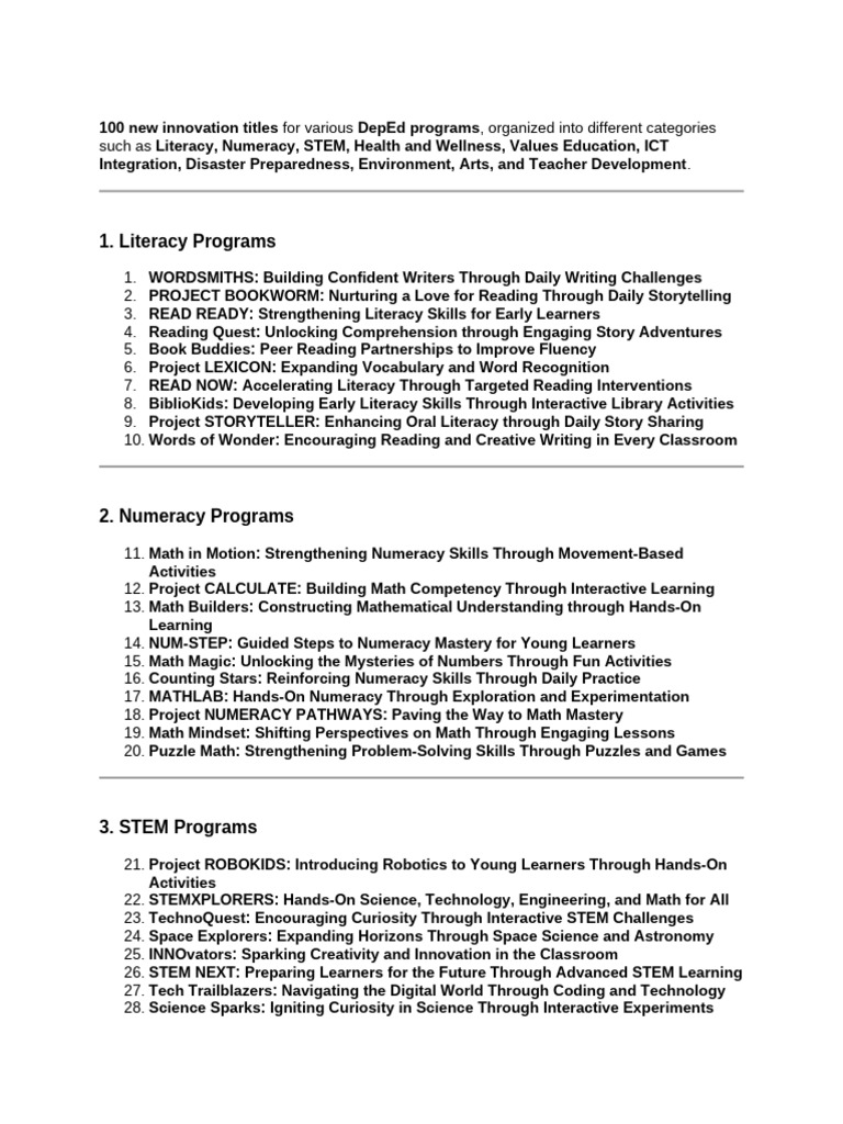 100 Innovation Titles for DepEd Programs | PDF | Learning | Emergency ...