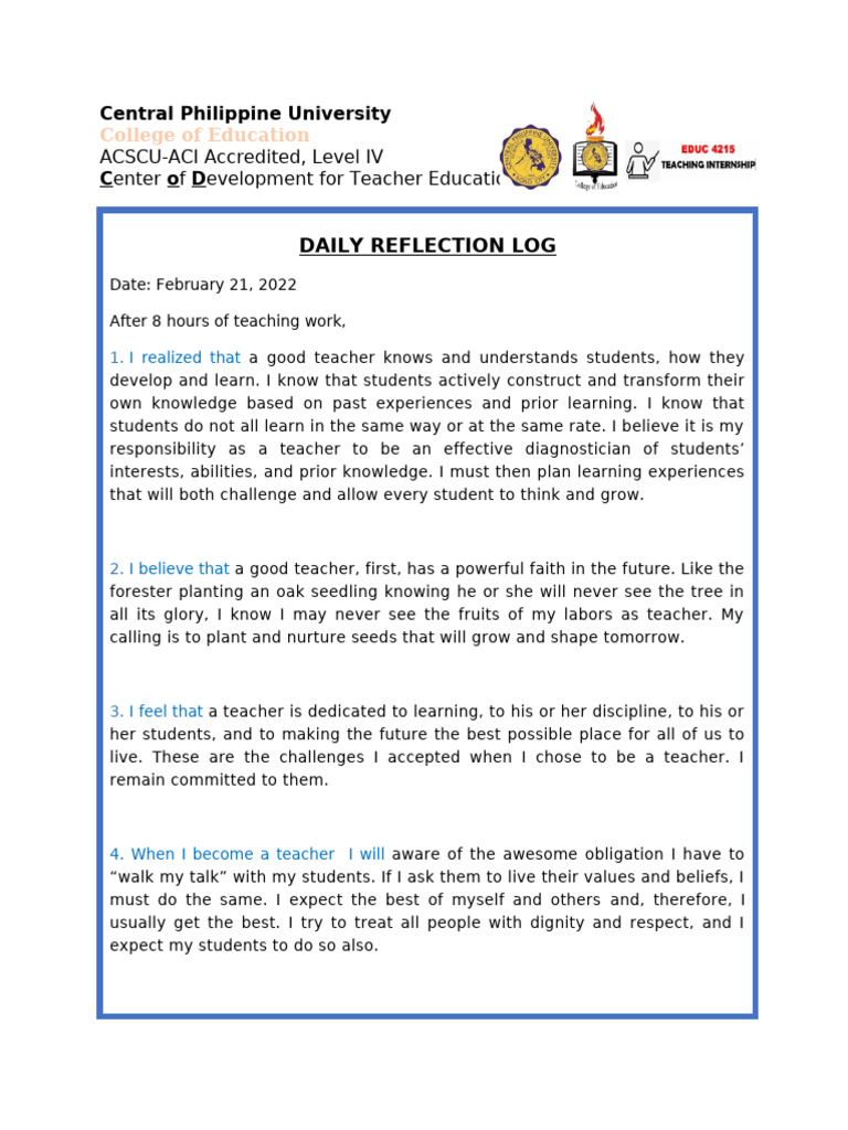 Daily Reflection and Activity Log for Teachers | PDF | Teachers | Knowledge