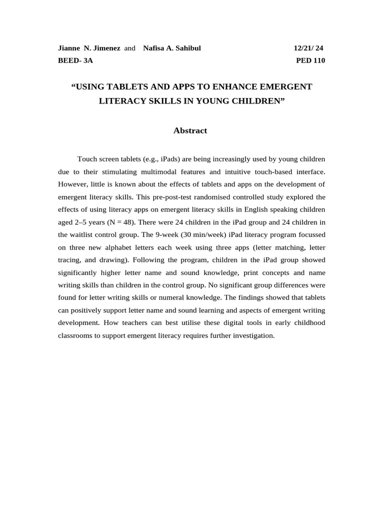 Enhancing Emergent Literacy with Tablets | PDF | Literacy | Cognition