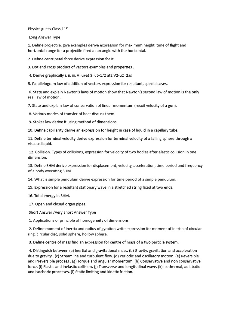 Physics Guess Class 11th | PDF | Newton's Laws Of Motion | Momentum