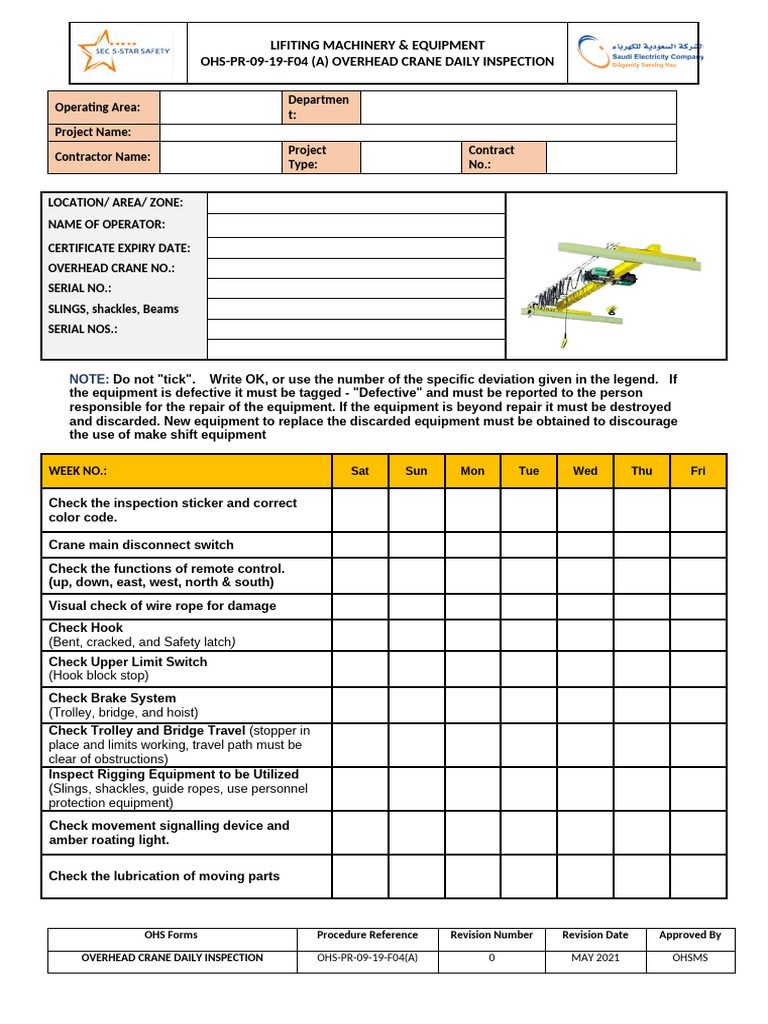 Overhead Crane Daily Inspection Checklist | PDF | Crane (Machine ...