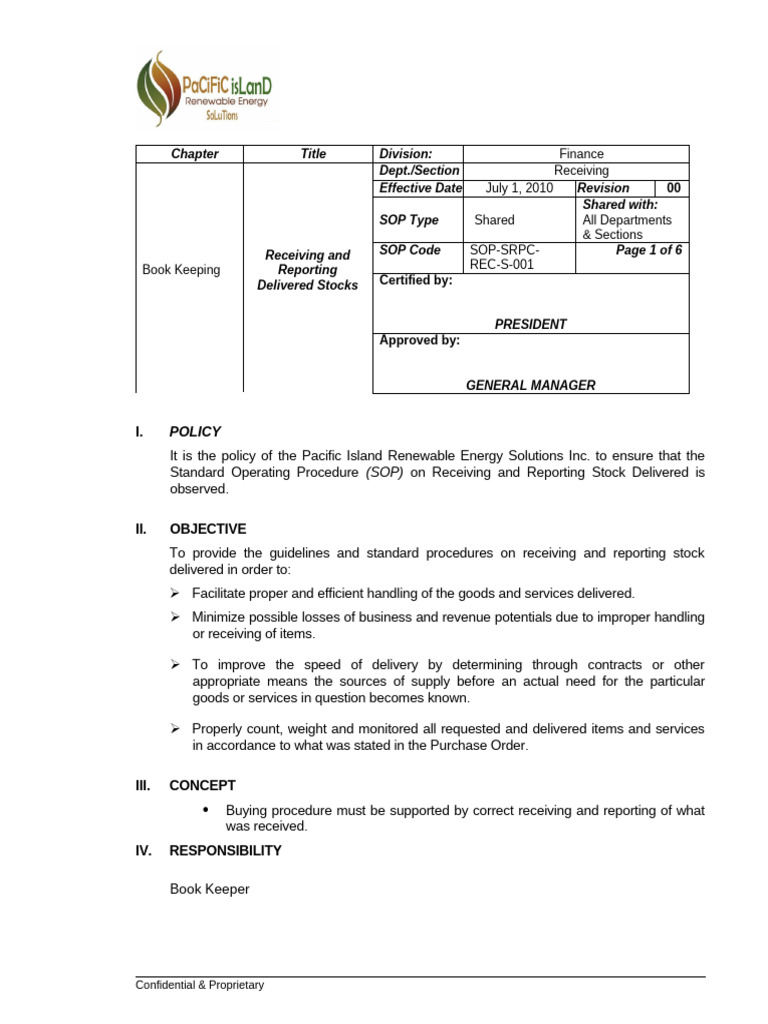 SOP-REC-S-001 Receiving and Reporting Delivered Stocks | PDF | Receipt ...