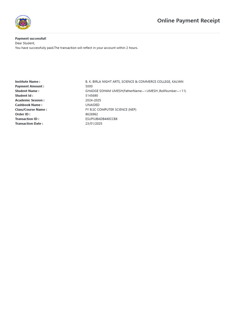 Payment Receipt for FY B.Sc Computer Science | PDF