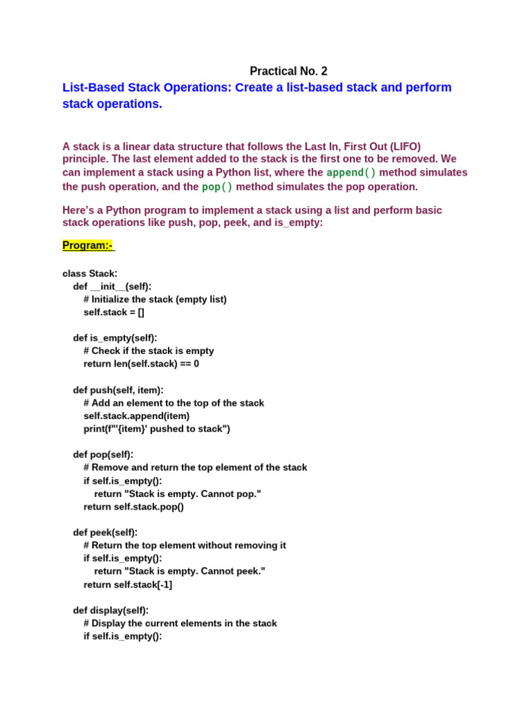 Python List-Based Stack Operations | PDF | Computer Programming ...