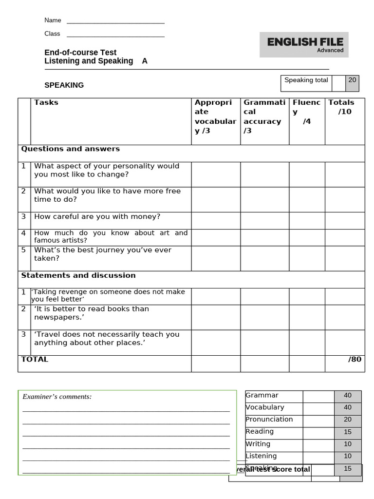 Speaking Test Template Pdf Vocabulary Linguistics