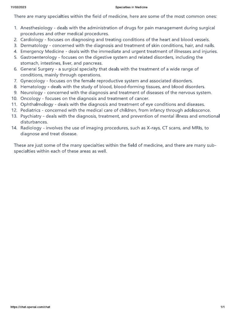 Specialties In Medicine Pdf